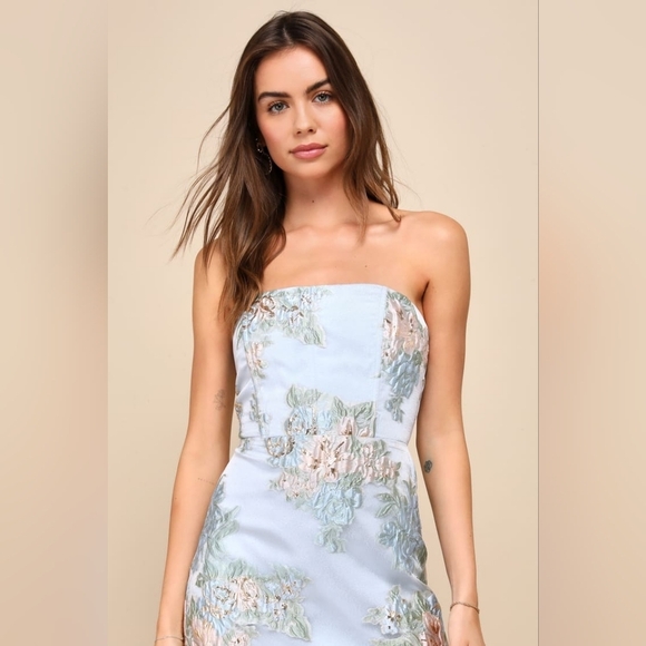 Lulus Upgraded Event Blue Jacquard Strapless Bustier Midi Dress S Wedding Party - Picture 3 of 10